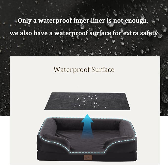 Bedfolks Orthopedic Dog Bed, Big Waterproof Dog Sofa Bed for Large Dogs, Egg Foam Pet Couch Bed with Removable Washable Cover and Nonslip Bottom, Black