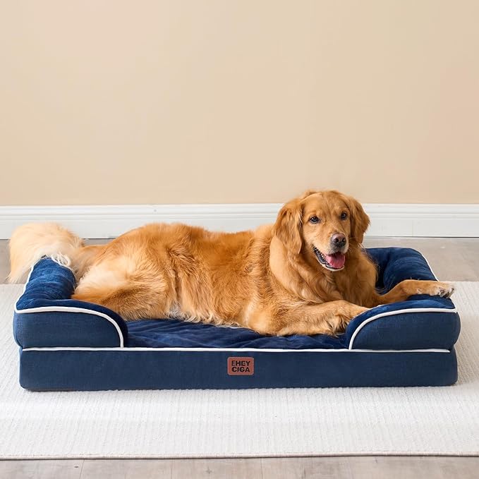 EHEYCIGA Orthopedic Dog Beds for Large Dogs, Waterproof Memory Foam Large Pet Bed with Sides, Non-Slip Bottom and Egg-Crate Foam Dog Couch Bed with Washable Removable Cover, Navy