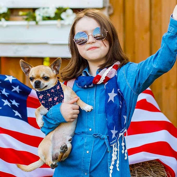 4th of July Dog Bandanas, Patriotic Pet Decorations 2 Pack, Adjustable Independence Day Holiday Party Bandana American Flag Triangle Bibs Cat Scarf Set