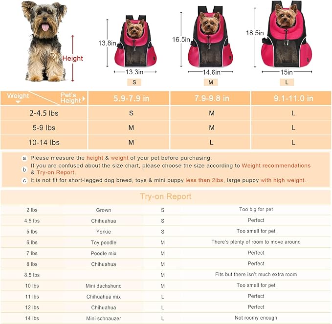 WOYYHO Pet Dog Carrier Backpack Small Dog Front Backpack Ventilated Mesh Dog Travel Back Pack with Safety Belt for Travel Hiking Cycling Outdoor Adventures (Size L: 10-14 lbs, Rethink Pink)