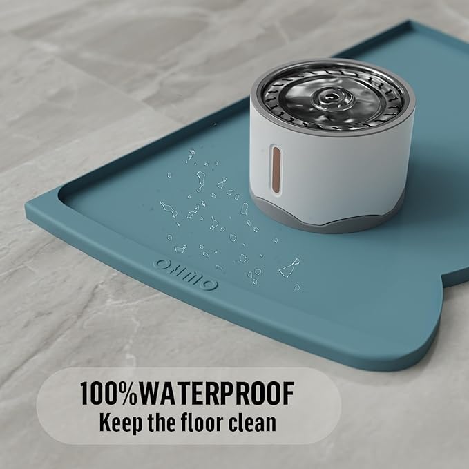 OHMO Dog Food Mat(Light Blue, 24 * 15'') w/Residue Collection Pocket Silicone Pet Feeding Mat for Floor High Edges Anti Spills Waterproof Cat Water Bowl Tray, Easy Clean Placemat