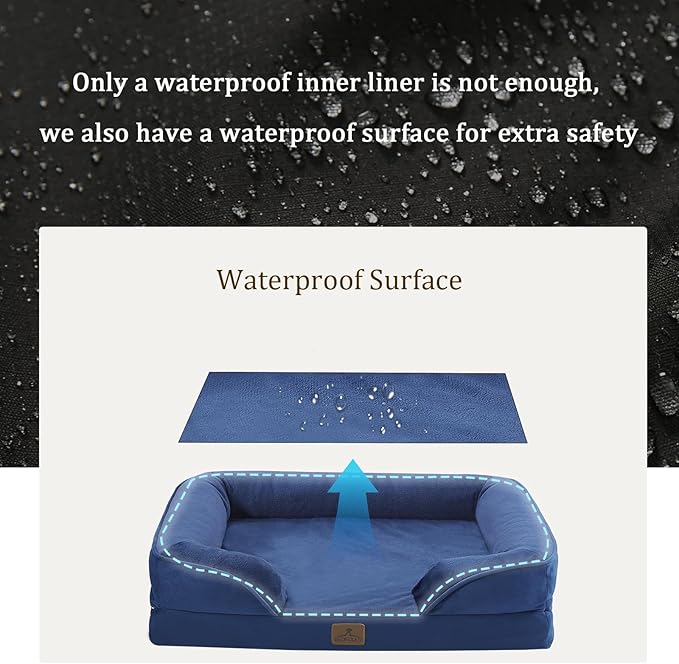 Bedfolks Orthopedic Dog Bed, Waterproof Dog Sofa Bed for Extra Large Dogs, Egg Foam Pet Couch Bed with Removable Washable Cover and Nonslip Bottom, Navy Blue