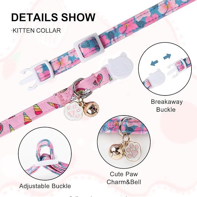 Unique Style Paws Pink Cat Collar,Breakaway Cat Collar with Bell & Pendant,Adjustable Cat Collar for Girl Boy Cats,Ideal Gift for Kitten