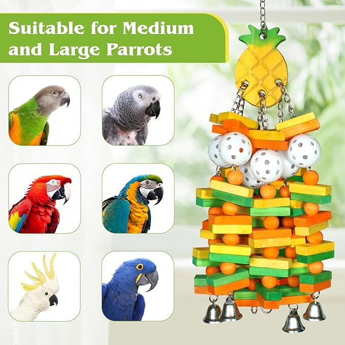 Parrot Toys 18 inches Bird Shredding Toys for Medium Large Parrots, Cockatiels, Macaw, African, Conure Bird Toy Natural Poplar Wood Material