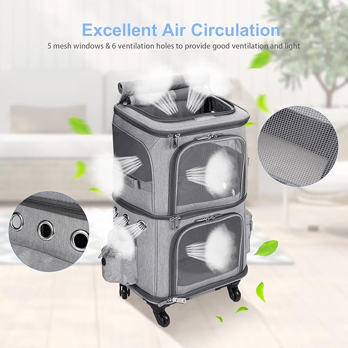 Extra Large Double-Compartment Pet Carrier Backpack with Wheels for Small Dogs and Cats, Cat Rolling Carrier for 2 Cats, Perfect for Traveling/Taking a Walk/Trips to The Vet, Grey