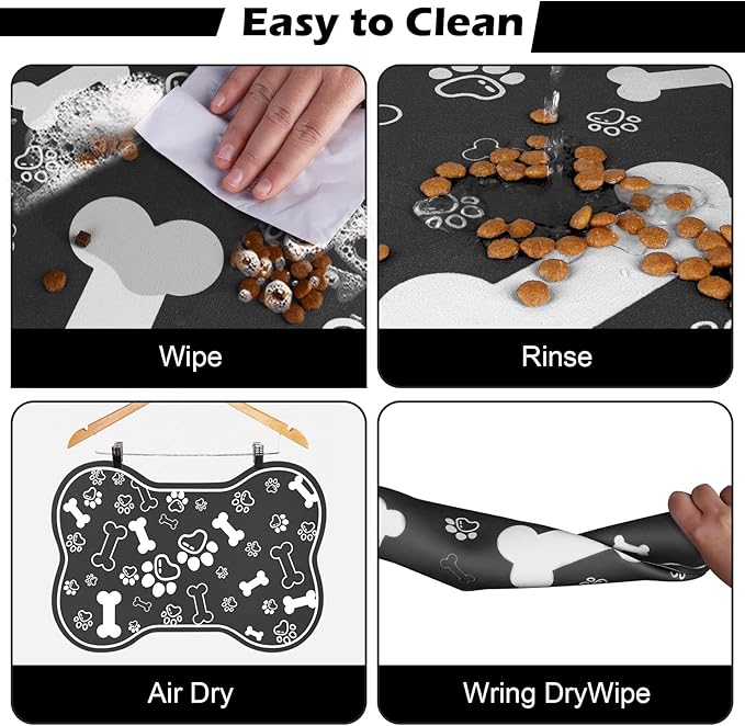 Dog Cat Food Mat,Rapid AbsorbentPet Feeding Mat, Bone Shaped Dog Placemat Water Bowl Mat with Rubber Backing,No Stains Dog Cat Food Mats Indoor, Pet Accessories Supplies 12""x18"" Black