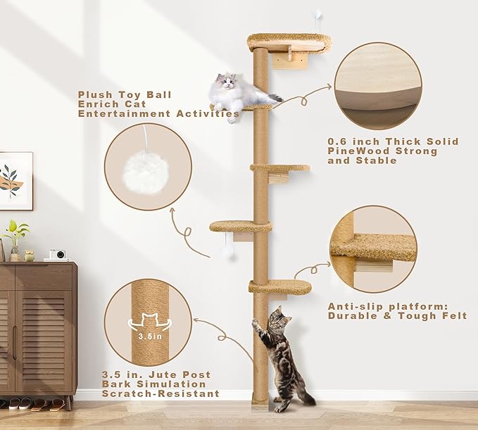 5-Tier Tall Cat Tree for Kittens, Floor to Ceiling Wall Mounted Cat Wall Shelves with Brown Plush Pads, Adjustable Wild Simulation Cat Tower for Climbing, Scratching & Lookout