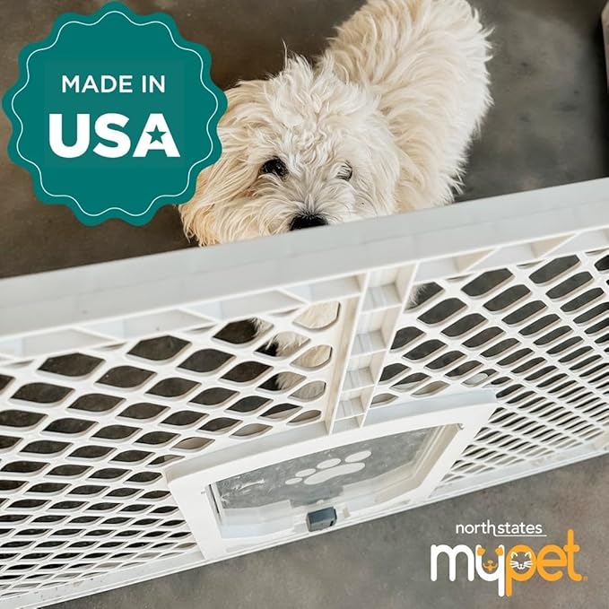 MyPet North States Petyard Passage: 6-Panel Dog Playpen or Dog Fence, Wall Mount Kit Included. Free Standing Play Pen 5.5 ft Corner to Corner, Lockable Pet Door. Made in USA. 26" Tall, Light Gray