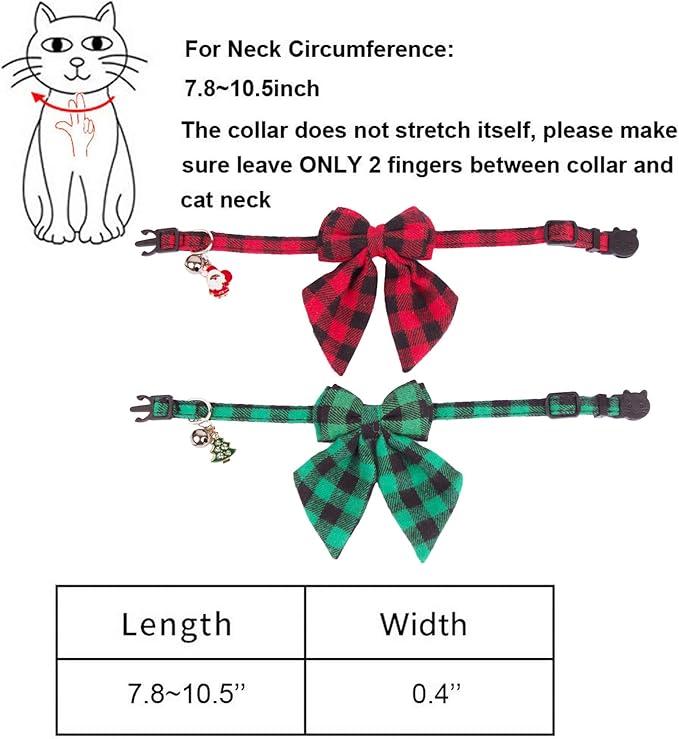ADOGGYGO Christmas Cat Collars Breakaway with Bowtie, 2 Pack Red Green Plaid Xmas Kitten Collar with Removable Bow Bell Christmas Collar for Cats Kittens