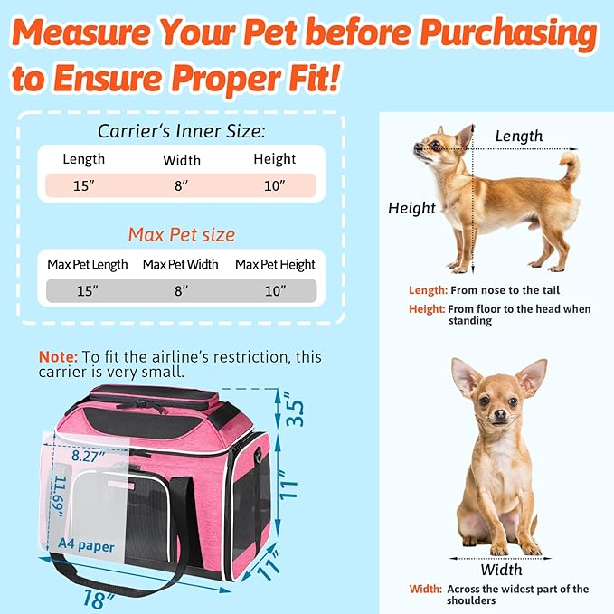 Petskd Top-Expandable Pet Carrier 18x11x11 Inches Delta American United Airline Approved, Soft-Sided Carrier for Small Cats and Dogs with Locking Safety Zippers and Anti-Scratch Mesh(Pink)