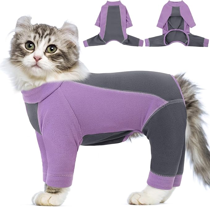 SUNFURA Hair Sticky Cat Clothes, Cat Sweater for Cats Only, 4-Legged Fleece Sweaters Kitten Pajamas Reduce Shedding Fur, Warm Pullover Shirts for Cats, Purple XL