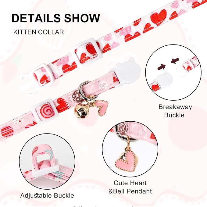 2 Pack Valentine's Day Cat Collar with Bell,Unique Style Paws Valentine's Day Cat Collar with Breakaway Buckle,Adjustable Puppy Collar with Cute Heat Love Pattern,Ideal Gift for Boy Girl Cats