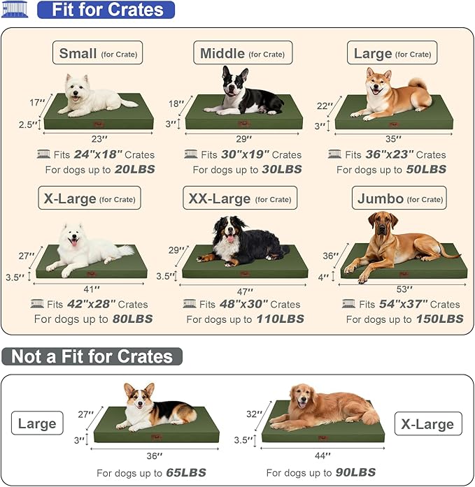 Outdoor Dog Bed for Medium Dogs, Waterproof Dog Crate Mat Orthopedic Egg Crate Foam Pet Bed with Washable Removable Oxford Cover, Amy Green