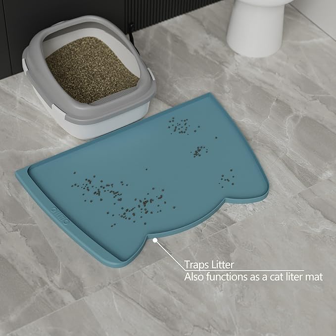 OHMO Dog Food Mat(Light Blue, 24 * 15'') w/Residue Collection Pocket Silicone Pet Feeding Mat for Floor High Edges Anti Spills Waterproof Cat Water Bowl Tray, Easy Clean Placemat