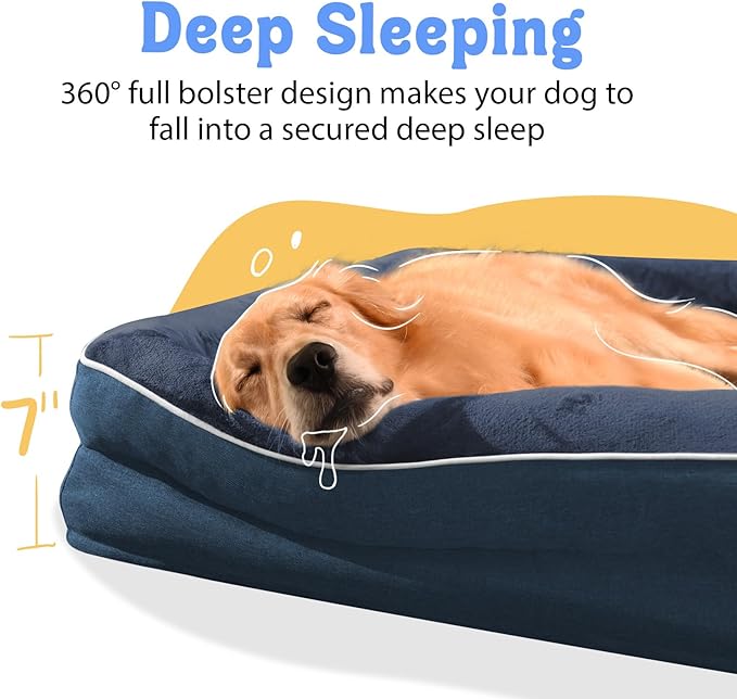 Washable Orthopedic Large Dog Bed - Removable Waterproof Cover with Bolster Machine Washable Extra Large Dog Bed Foam Support XL Large Big Pet Dogs Beds