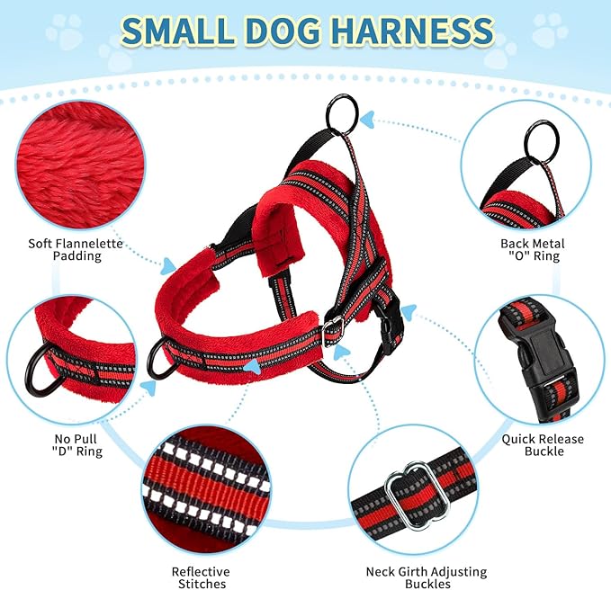 SlowTon No Pull Small Dog Harness and Leash Set, Puppy Soft Vest Harness Neck & Chest Adjustable, Reflective Lightweight Harness & Anti-Twist Pet Lead Combo for Small Medium Dogs (R-Front Clip,S)