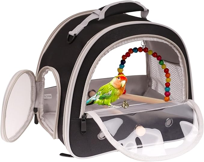 Portable Parrot Travel Cage Carrier with Small Swing Toy&Cage Colorful Toys Set Small Bird Parakeet Bag with Standing Perch Bird Carry Transport Bag (Black, Carreir/Swing)