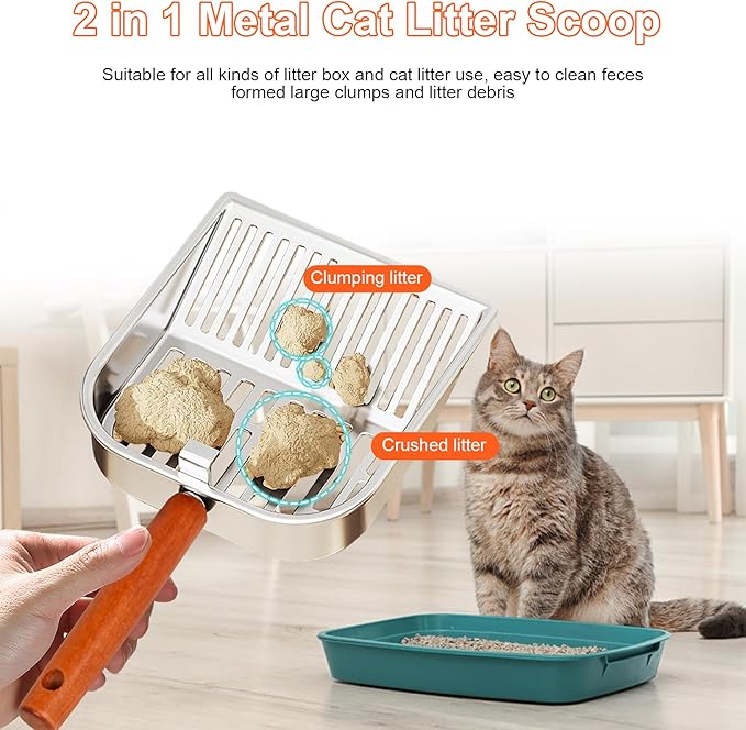 Stainless Steel Cat Litter Scoop with Holder, Kitty Poop Scooper Stand for Litter Box, Fast Sifting Non-Stick Cat Poop Scooper with Coarse and Fine Grids for All Litter Pan, Gray