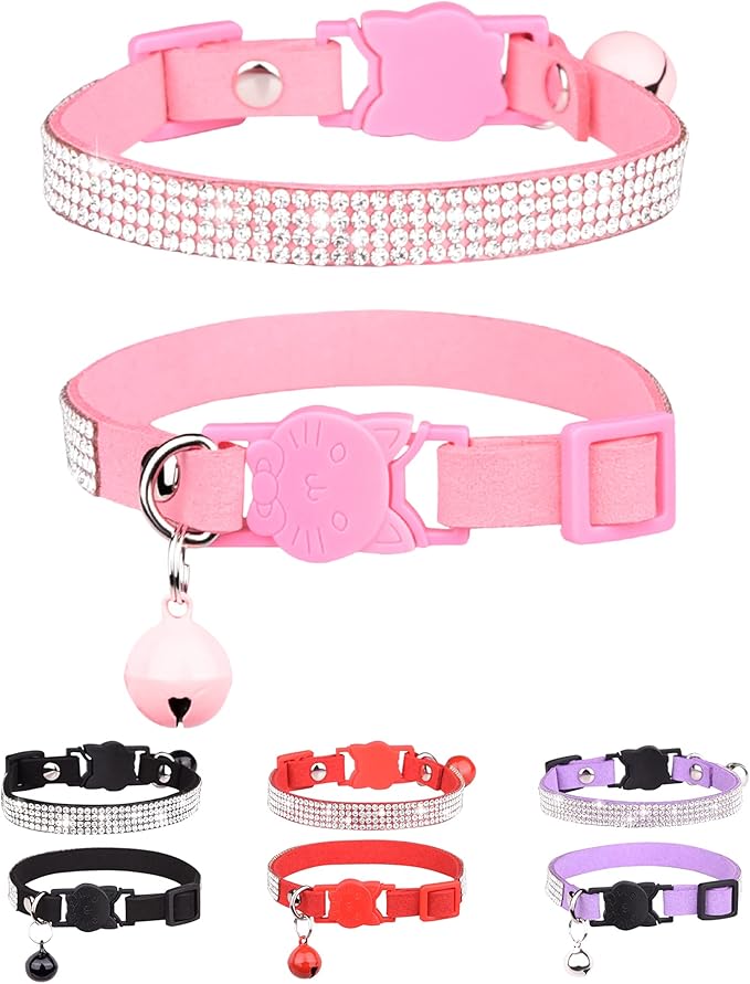Solmoony Breakaway Cat Collars with Bell,Adjustable Safe Kitten Collar,Cat Collars for Girl Cats with Rhinestone Soft Velvet (Pink)