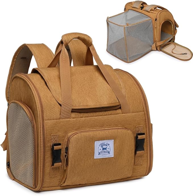 Pet Backpack Carrier for Small Dogs Medium,Large Cats, Puppies,Breathable and Collapsible Design, Portable Travel Bag for Bearded Dragon,Rabbit Cage (Brown +Two-Shoulder, Large)