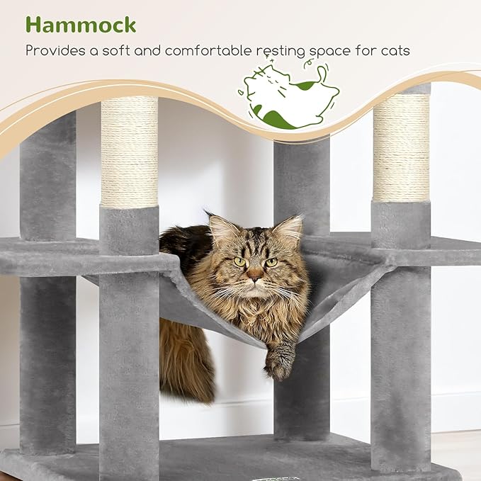 Globlazer Cat Tree Tower, 76-Inch Extra Tall Multi-Level Cat Furniture with Cozy Condos, Hammock and Perches for Adult Cats, Perfect for Climbing, Scratching, and Play, F76, Light Grey