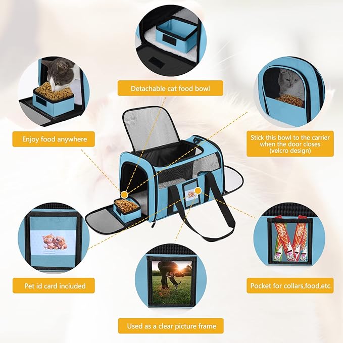 Cat Carrier Dog Carriers Airline Approved for Small Dogs, Kitten, Carriers for Small Medium Cats Under 15lb, Collapsible Soft Sided TSA Approved Pet Travel Carrier-Blue
