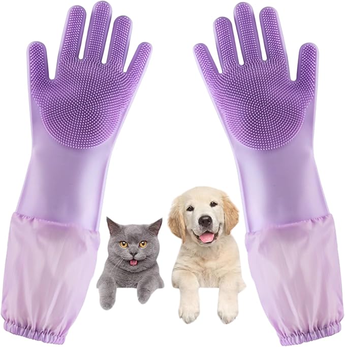Dog Washing Gloves, Pet Grooming Gloves with Soft Brushes, Bathing and Massaging for Dogs and Cats, Silicone Heat Resistant Cleaning Gloves with High-Density Teeth (Purple)
