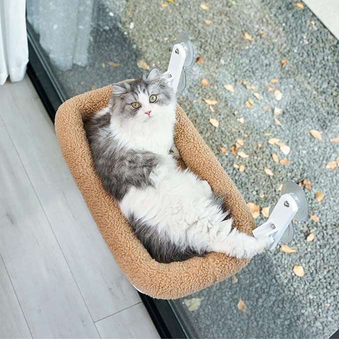 Zakkart Foldable Cat Hammock for Window - Cordless, Embeded Machine Washable Bed, Robust Metal Frame - Cat Window Perch for Large Cats and Kitten (Brown Bolster Bed, Medium)
