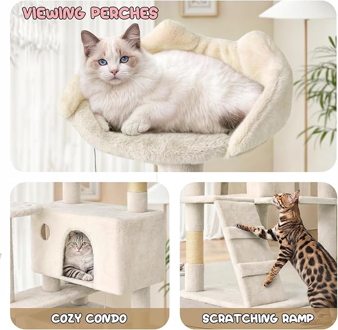 MoNiBloom 60 Inch Cat Tree Tower for Indoor Cats Large Adults, Cat Tower with Scratching Post, Multi-Level Furniture Activity Center with Cat Condo Pet Play House, Beige