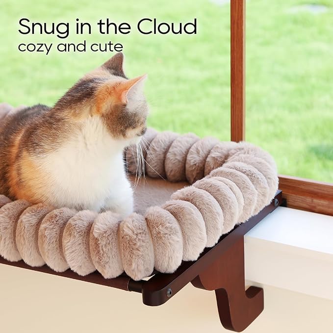 Zakkart SnugCloud Cat Window Perch with 4-Sided Bolster - Orthopedic Cat Hammock for Window Sill - Solid Hardwood & Metal Frame - Window Seat for Pets (Dark Stained Wood w/Brown Bed, Large)