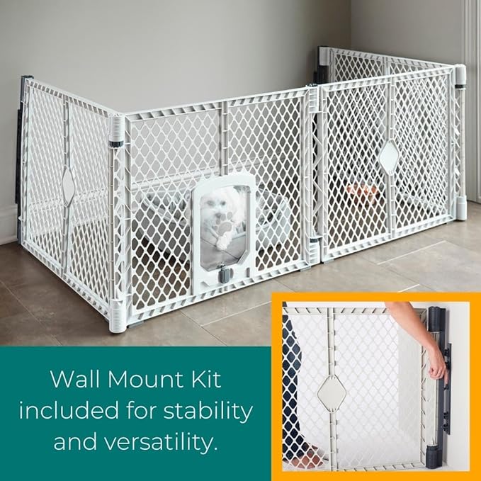 MyPet North States Petyard Passage: 6-Panel Dog Playpen or Dog Fence, Wall Mount Kit Included. Free Standing Play Pen 5.5 ft Corner to Corner, Lockable Pet Door. Made in USA. 26" Tall, Light Gray
