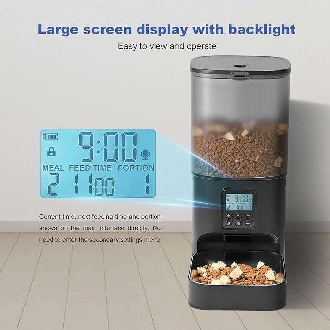 Automatic Cat Feeder, Cat Food Dispenser with 10s Voice Recorder, Pet Feeder up to 8 Meals per Day, Timed Feeder with Dry Food Sealed Ring (Black, 6L)