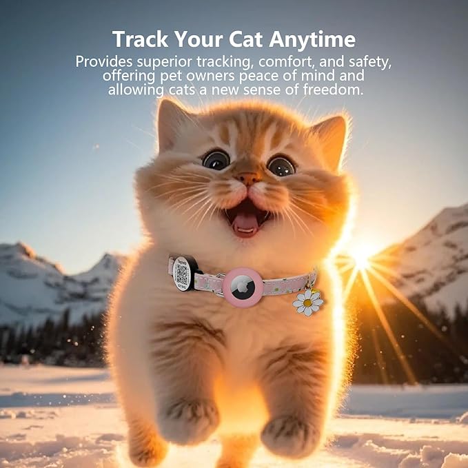 8-13in Airtag Cat Collar Lightweight and Comfortable, Bells & Flower Charm Collar Breakaway with Silicone with Apple Air Tag Holder Smart ID tag for Cats and Puppies(Purple)