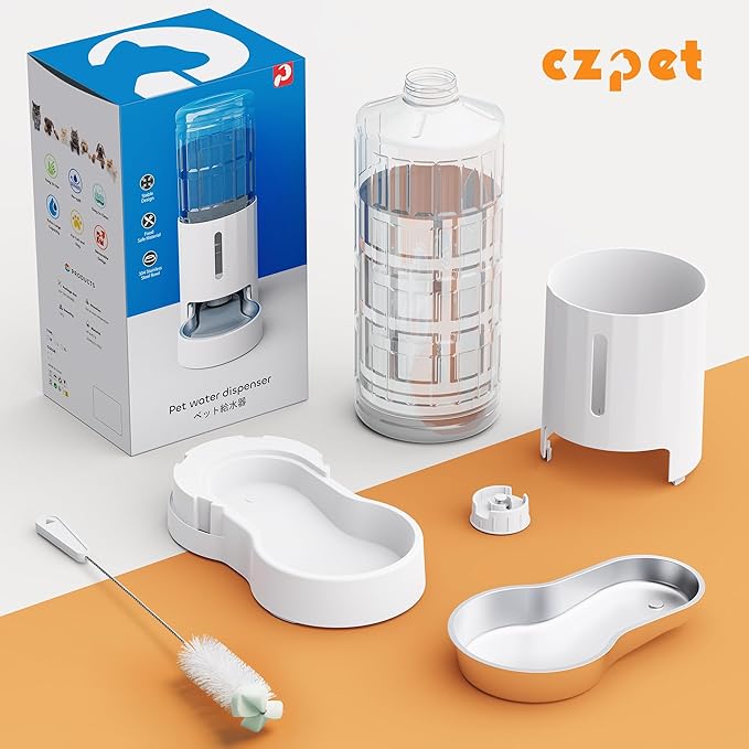 CZPET 2.5 Gallon Dog Water Bowl Dispenser, Automatic Dog and Cat Water Dispenser with Stainless Steel Bowl, Gravity Waterer, Large Capacity, and Quiet Drinking Area for Pets (9.5L,White)