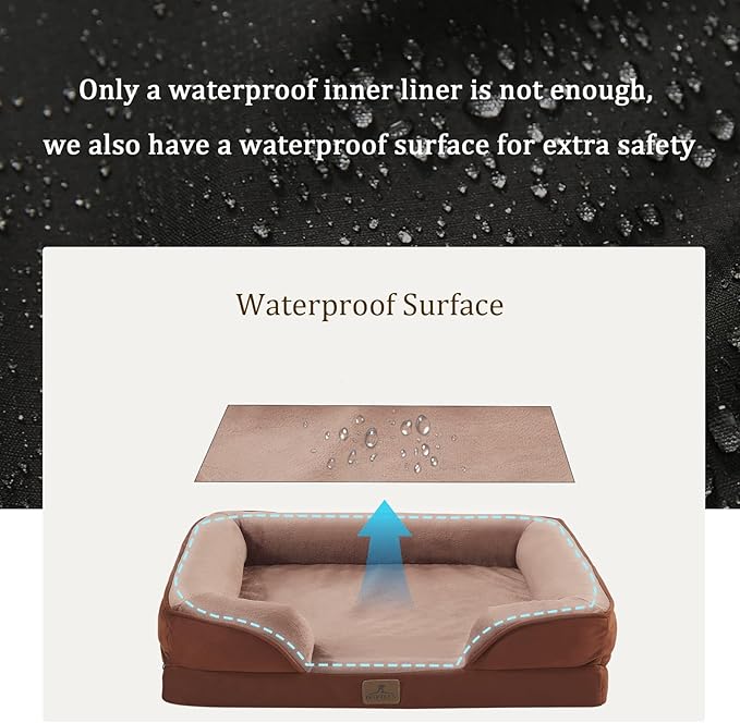 Bedfolks Orthopedic Dog Bed XL, Waterproof Dog Sofa Bed for Extra Large Dogs, Egg Foam Pet Couch Bed with Removable Washable Cover and Nonslip Bottom, Brown