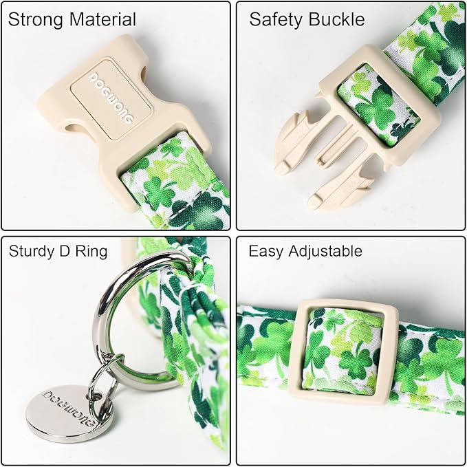 DOGWONG St. Patrick's Day Dog Collar, Green Lucky Clover Shamrock Green Dog Collar Soft Durable Adjustable Costume St. Patrick's Day Lucky Charm Puppy Collar for Small Medium Large Dog