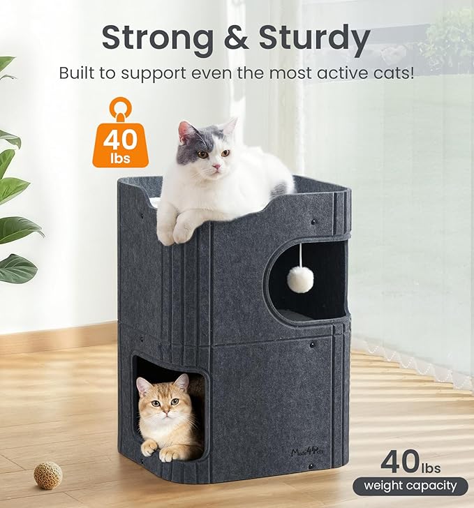 Made4Pets Cat House for Indoor Use, 2-Storey Cube Bed Cave, Covered Hideaway Condo with Scratch-Resistant Felt, Foldable Easy-to-Clean Design for Multi-Cat Homes, Dark Grey