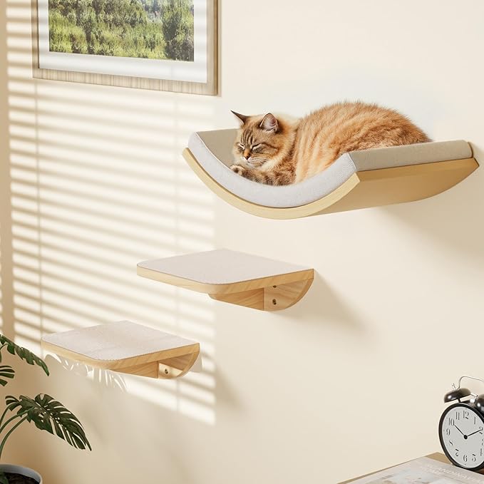 Cat Window Perches, Curved Cat Wall Beige Bed and 2 Floating Wall Steps, Wall Mounted Climbing Shelves for Sleeping, Playing, and Lounging