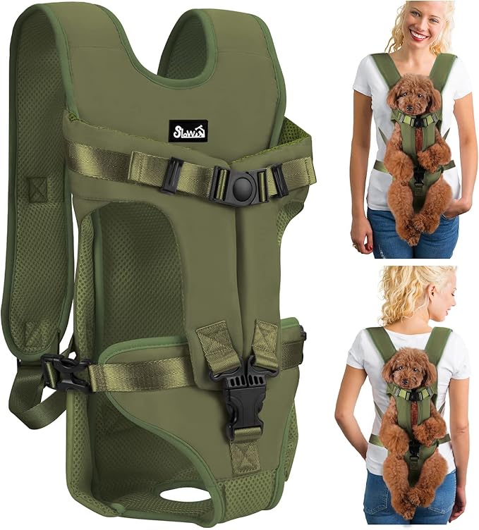 Lukovee Dog Backpack Carrier, Legs Out Easy-fit Dog Front Carrier for Small Medium Dogs, Adjustable Hands Free Dog Chest Carrier for Hiking Cycling (Green-4,Medium)