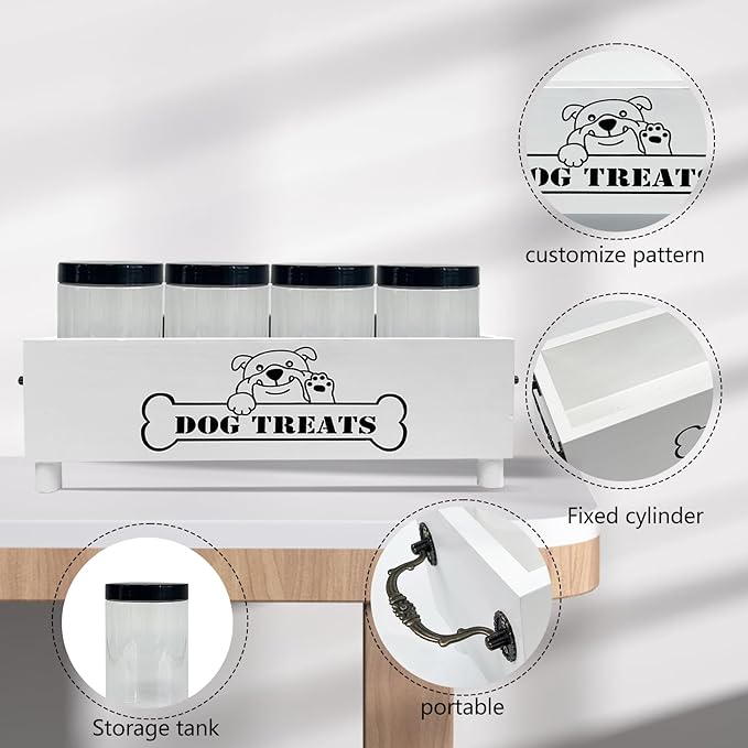 Large Dog Treats Container, Dog Cookie Jar for Dogs Cat Treats Container, Farmhouse Wood Pet Treats Storage Organizer for Dog Food Storage Container with 4 Jars, Cat Dog Treat Organizer(White)