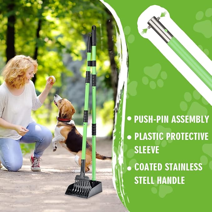 MXF Pooper Scooper, Dog Pooper Scooper Long Handle Stainless Metal Tray and Rake Set for Medium Small Dogs Heavy Duty - Use on Grass, Dirt or Gravel - Pet Supplies (Green)