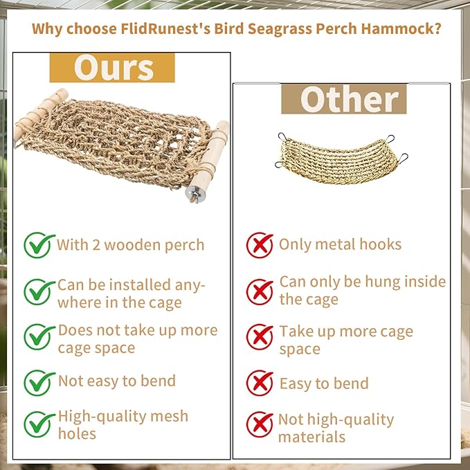 FlidRunest Conure Ladder Perch for Cage, Bird Seagrass Ladder Bridge Exercise Stands, Natural Hand-Woven Parrot Net Climbing Chewing Hammock, Cage Accessories for Lovebird Conure Budgie Parakeet
