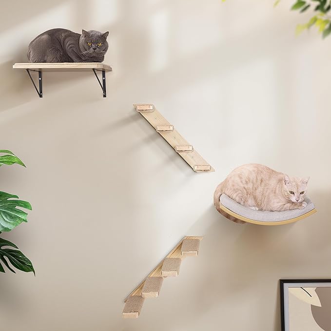 4-Piece Cats Wall Furniture with Cat Window Perch – Wood Wall Mounted Cat Shelves Set with Foam-Padded Curved Bed, Flat Perch & 4-Step Cats Stairs
