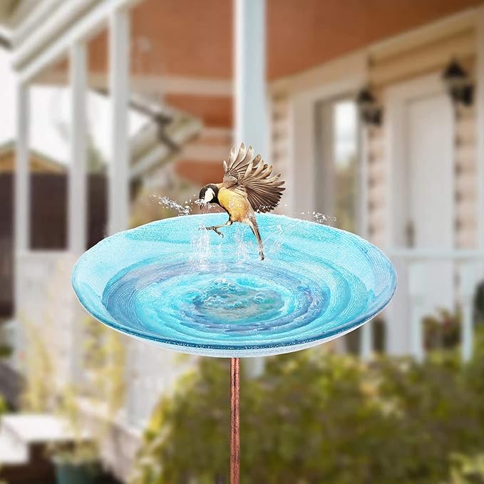 VCUTEKA Outdoor BirdBath Glass Bird Bath Garden Bird Feeder with Metal Stake