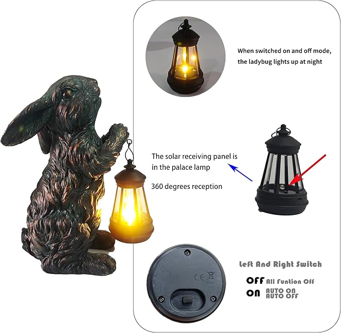 Solar Garden Outdoor Decor Bunny Statues,Figurine Decorations Rabbit for Yard Patio Lawn Balcony Ornament, Home Houses Holiday Lighting, Unique Housewarming Gifts for Mom Grandma Women Wife Sister