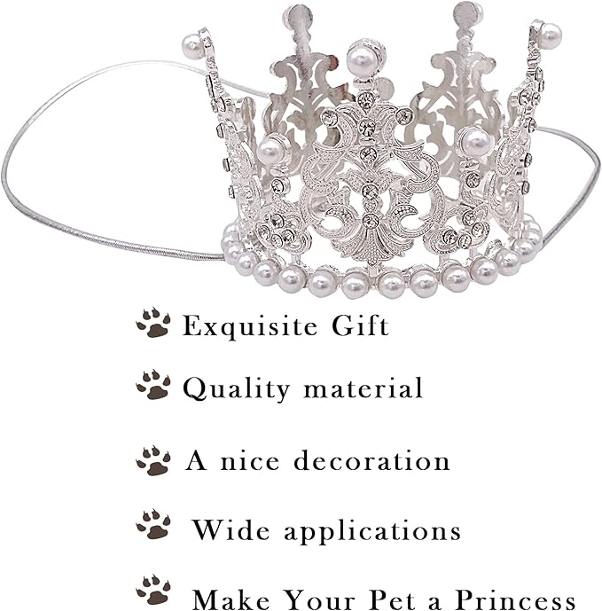 PET SHOW 2pcs Medium Dog Crown Headband Puppies Cat Hat for Birthday Party Silver Gold Rhinestone Faux Pearl Crown for Pets Wedding Hair Accessories Photo Prop Costume