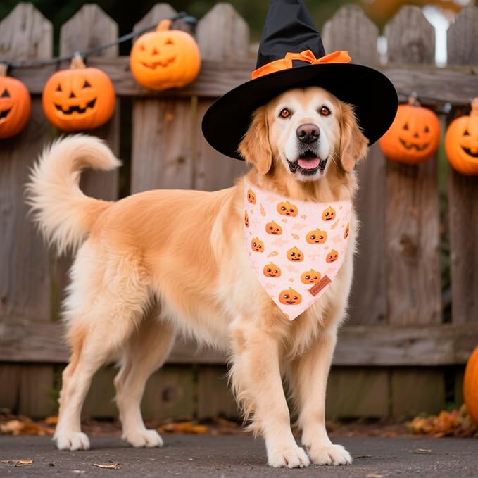 PTDECOR Halloween Dog Bandana, Cute Ghost Pumpkin Design Reversible Holiday Pet Scarf, Adjustable Orange Yellow Halloween Bandanas for X-Large Dogs Pets(X-Large)