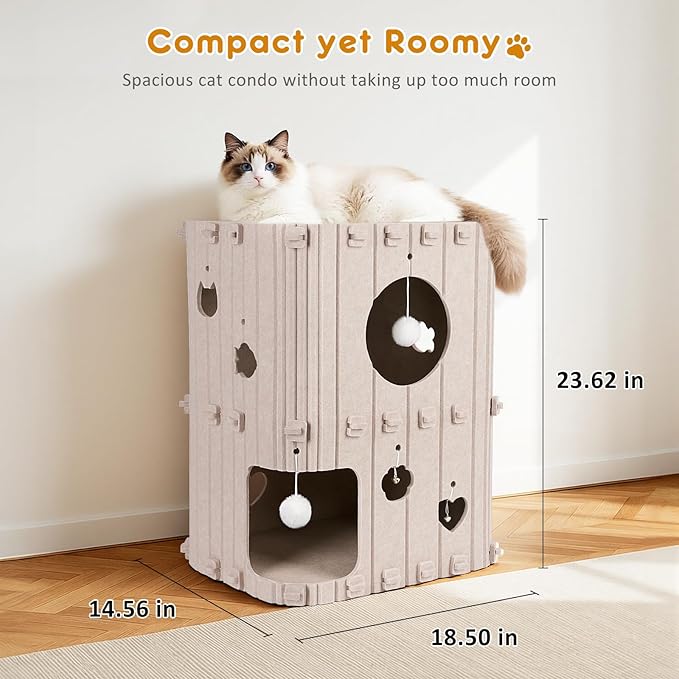 Cat House for Indoor Cats - 2-Story Enclosed Cat Bed Cave for Multiple & Large Cats, Felt Covered Pet Hideaway Tunnel Condo House, Kitty Hut Hideout Cube, Scratch Resistant, Beige