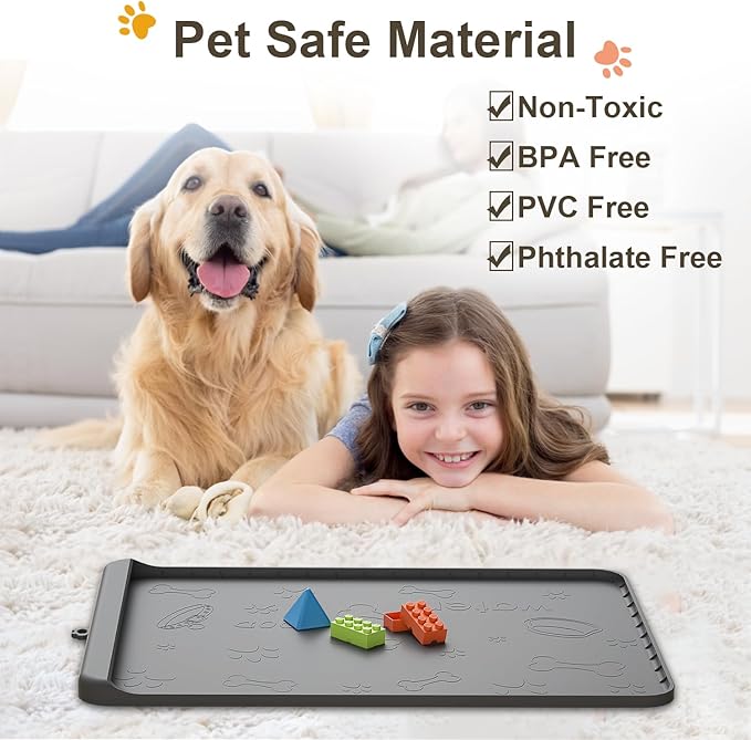 Dog Food Mat - Silicone Dog Mat for Water - 19" x 12" Pet Feeding Mats with Residue Collection Pocket - Waterproof Cat Bowl Mat with High Edges to Prevent Water Food Spills (Gray)