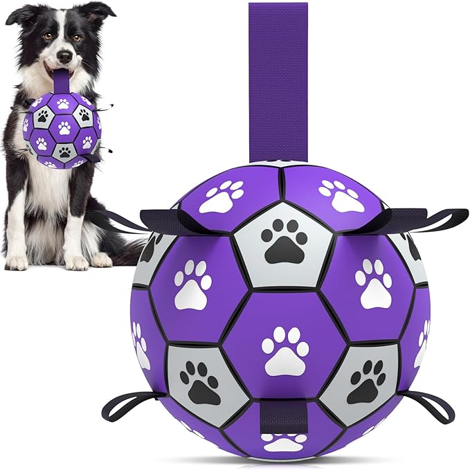 QDAN Dog Toys Soccer Ball with Straps - Dog Water Toy, Puppy Birthday Gifts, Durable Dog Balls for Small Medium Dogs （6 Inch）